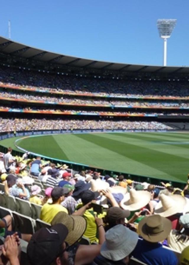A photo showing a crowd and the grass at the Melbourne Cricket Ground on a sunny day