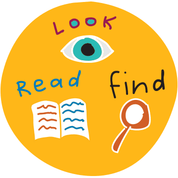 Illustration showing an eye, a book and a magnifying glass with the words look, read and find