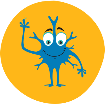 Cartoon character of a blue neuron waving and smiling
