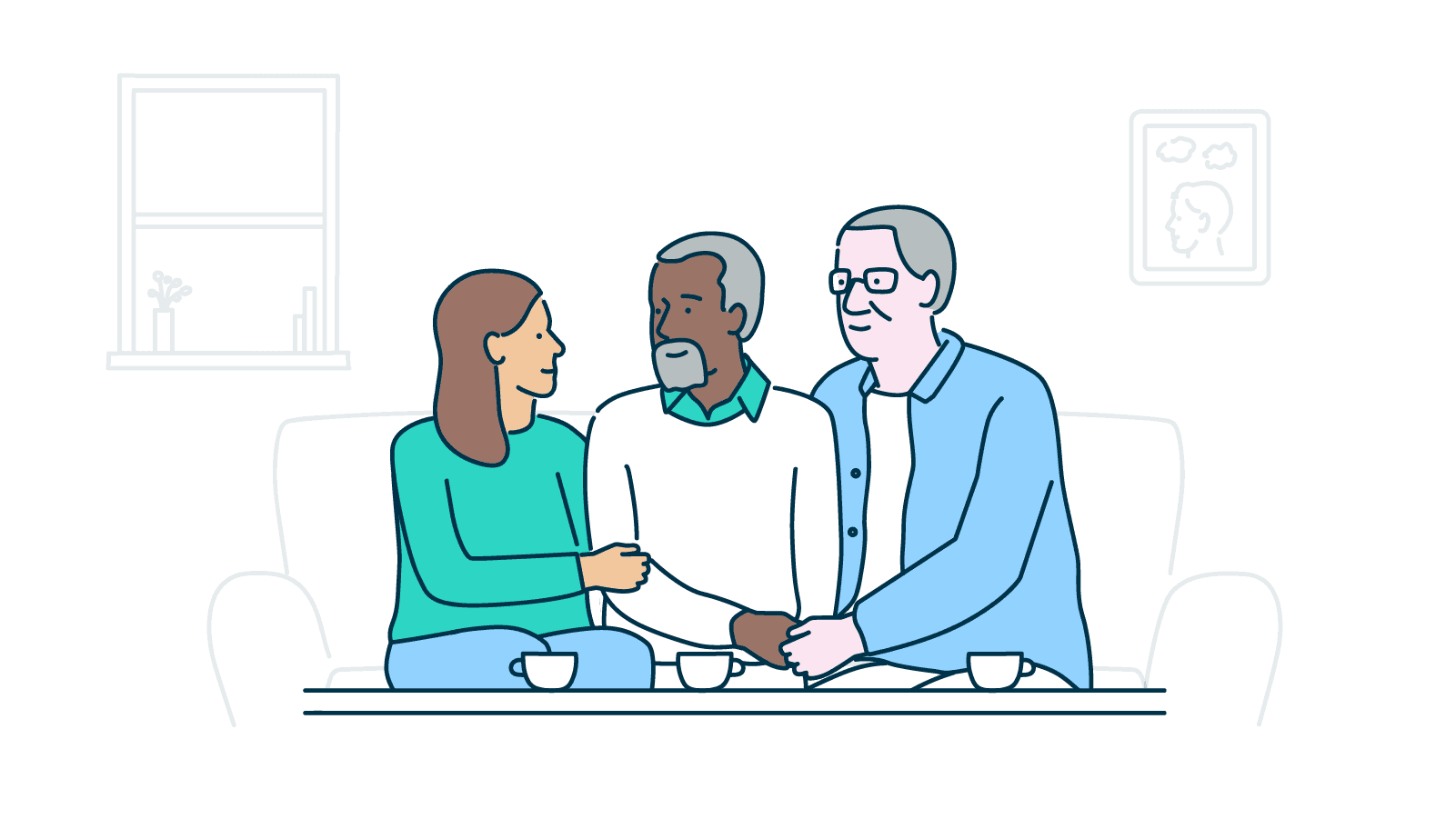An illustration of three people, with two providing support to the one in the middle