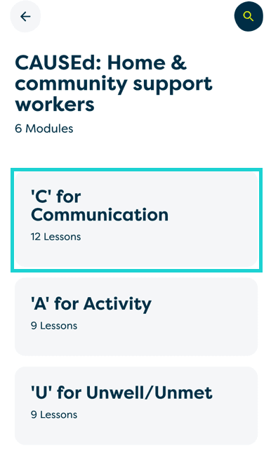 A screenshot of the Ask Annie CAUSEd course screen. The C' for Communication module is selected.