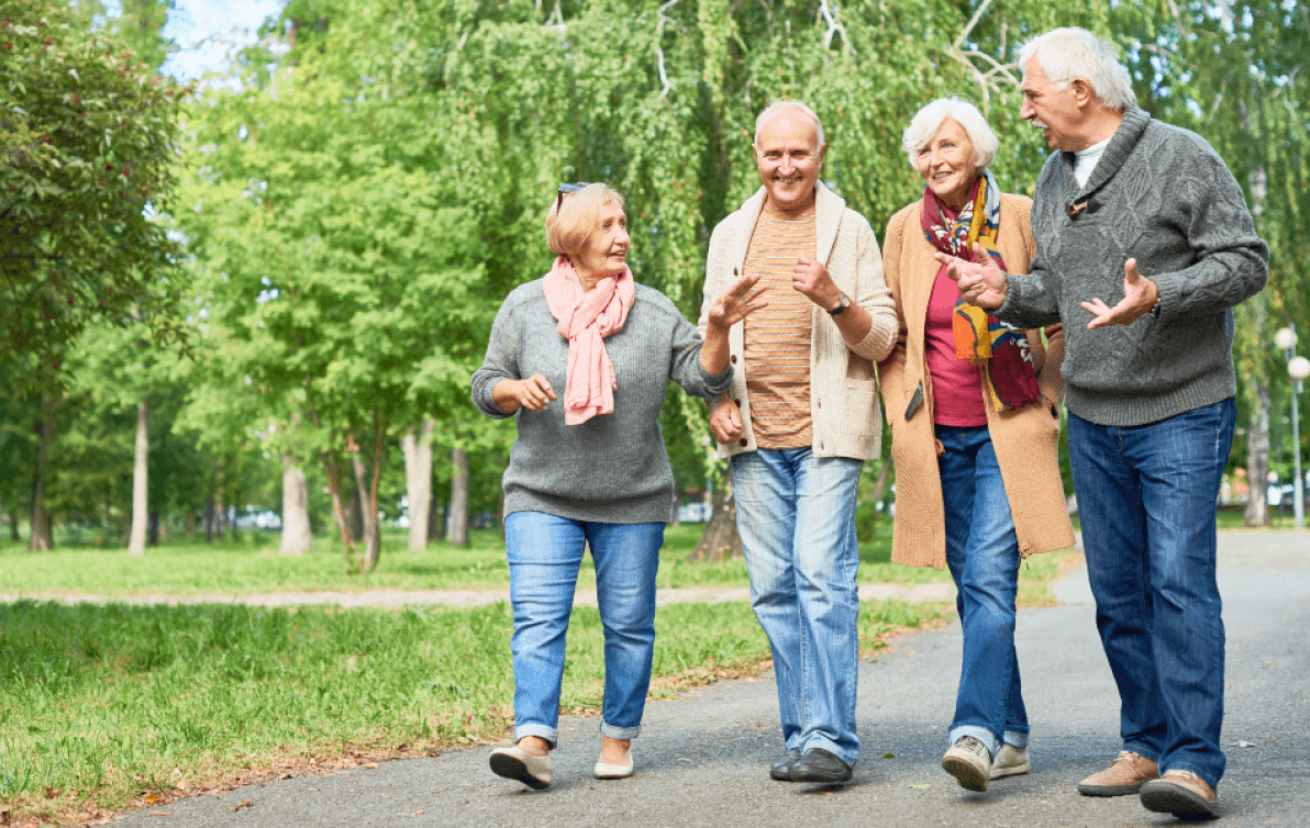 A group of elderly people walking in a park.