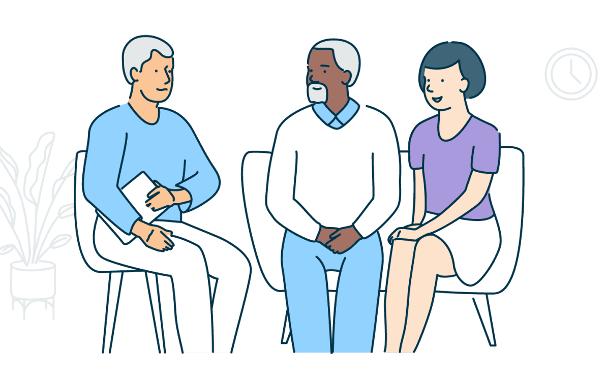 An illustration showing a couple sitting talking to a person holding some papers