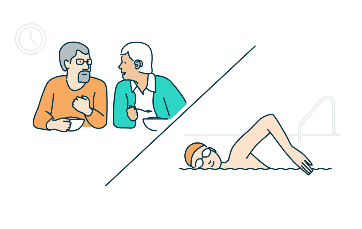 An illustration showing two people talking and eating and another of someone swimming
