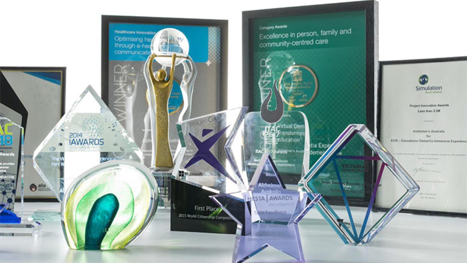 A collection of award trophies.