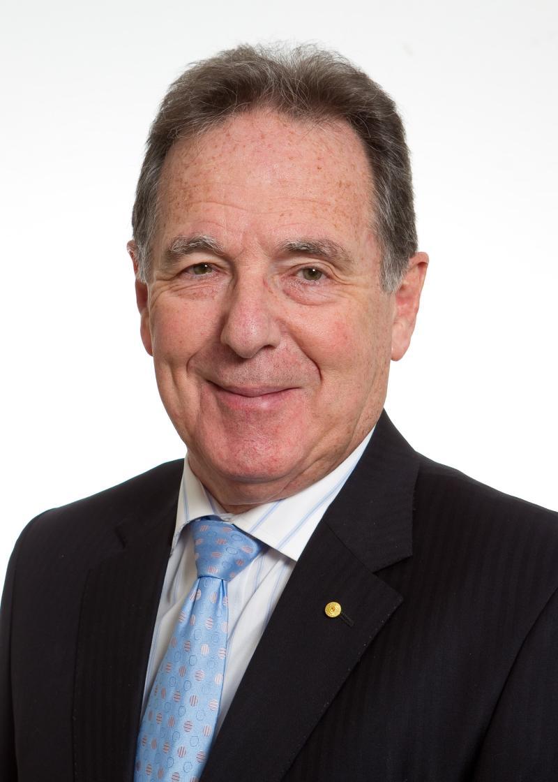Graeme Samuel Looking at the camera, smiling and wearing a black suit, white shirt and light blue tie.