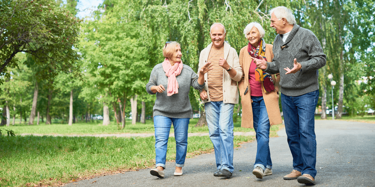 A group of elderly people walking in a park.