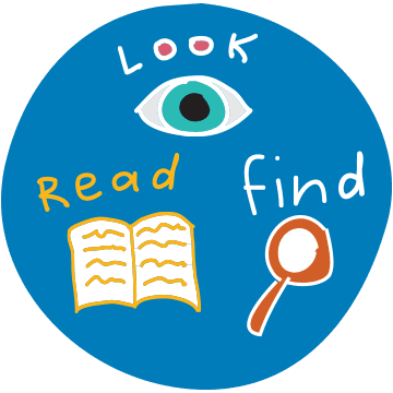 Illustration showing en eye a book and a magnifying glass and the words look, read and find