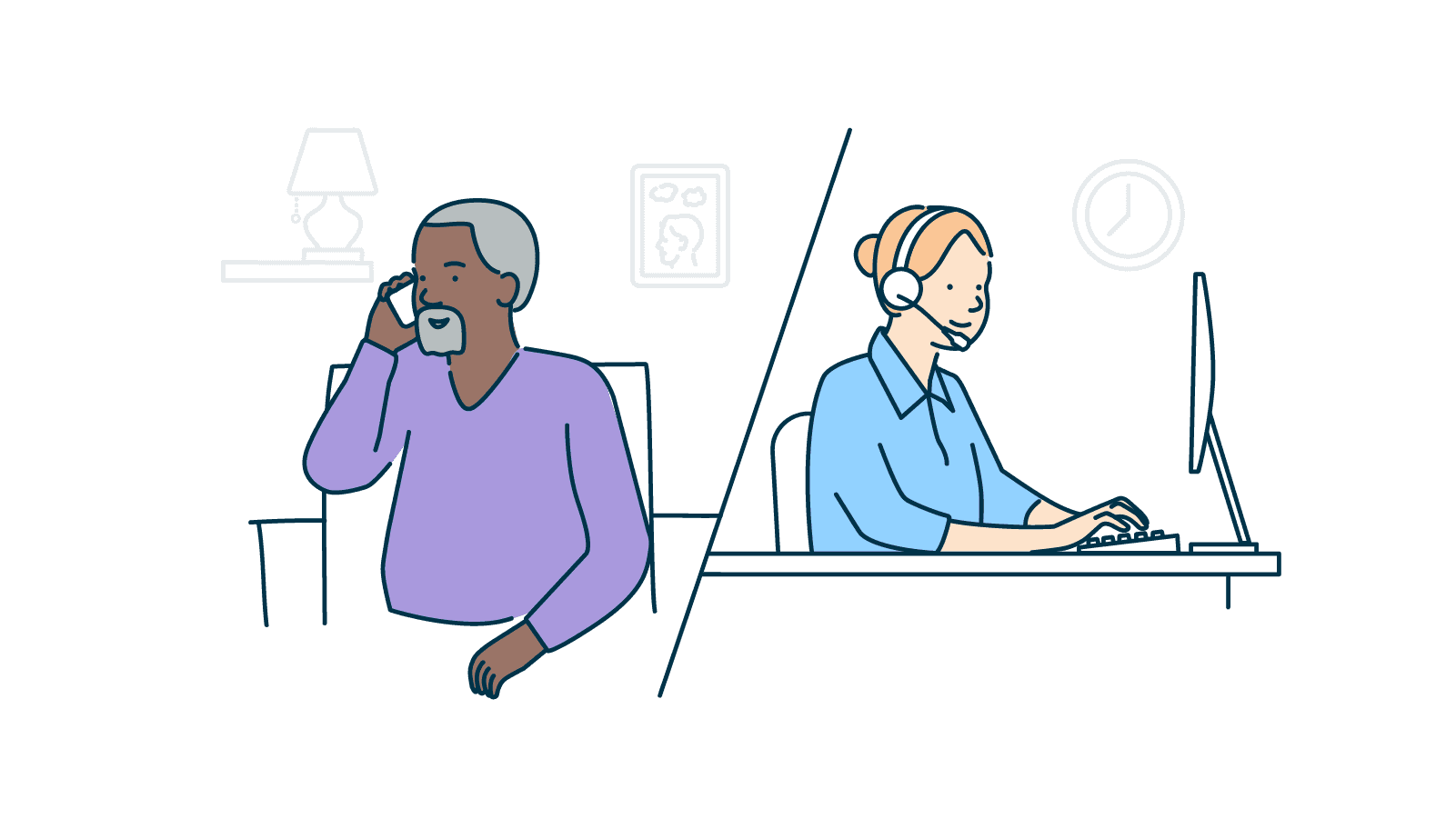 An illustration on a man making a phone call and a Helpline operator answering.