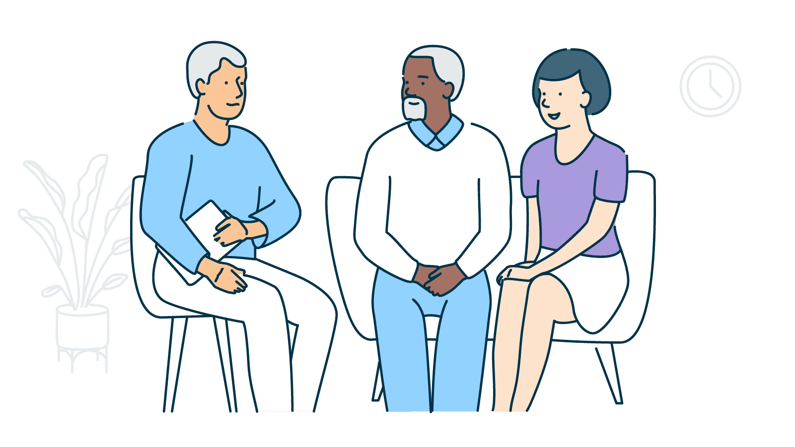 An illustration showing a couple sitting talking to a person holding some papers