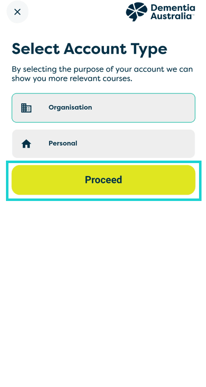 A screenshot of Ask Annie "account type" screen. The options are "organisations" and "personal".