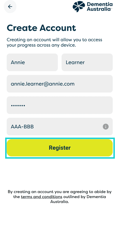 A screenshot of the Ask Annie account creation screen.