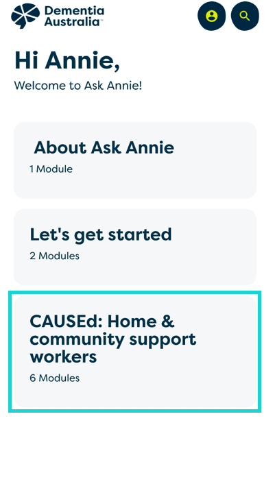 A screenshot of the Ask Annie home screen. The 'CAUSEd' course is selected.
