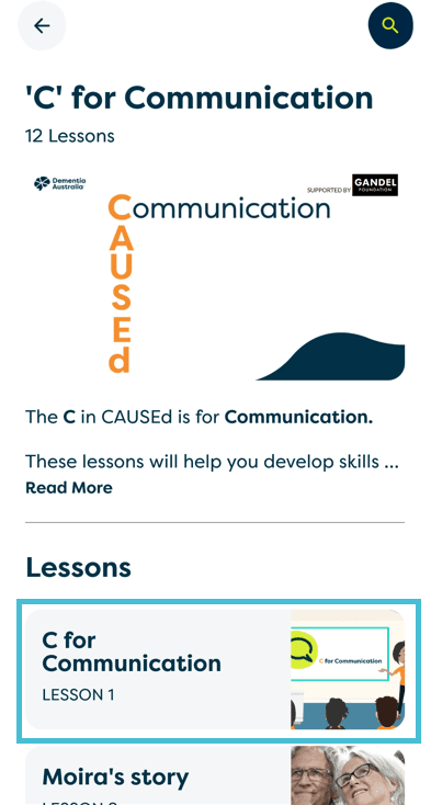 A screenshot of the Ask Annie "C" for Communication module, showing available lessons.