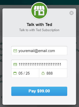A screenshot of the Talk with Ted website, showing credit card payment options.