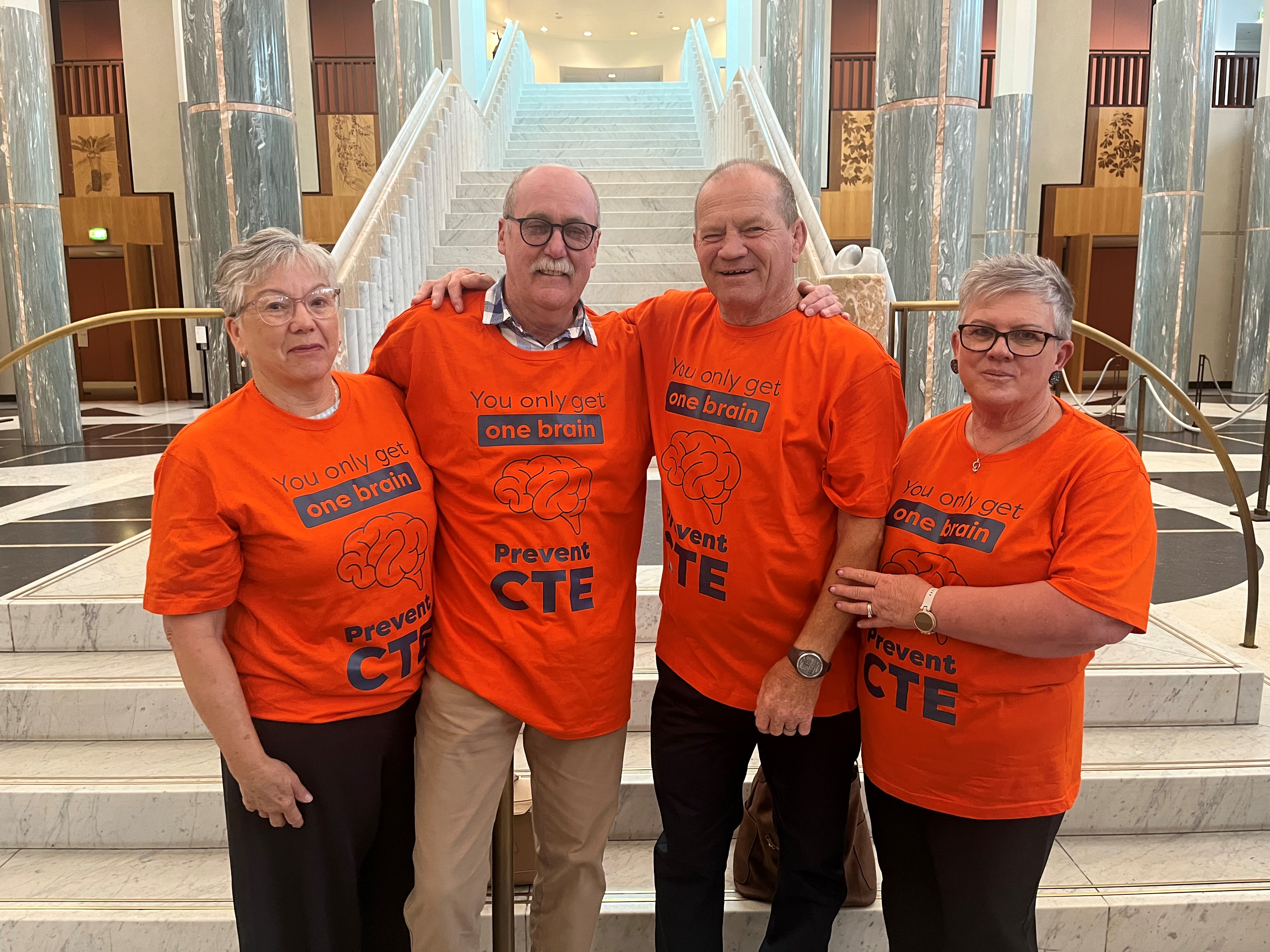 Dementia Advocates Cathy Stewart, Cam Stewart, Rod McGregor and Lynn McGregor wearing CTE orange t-shirts